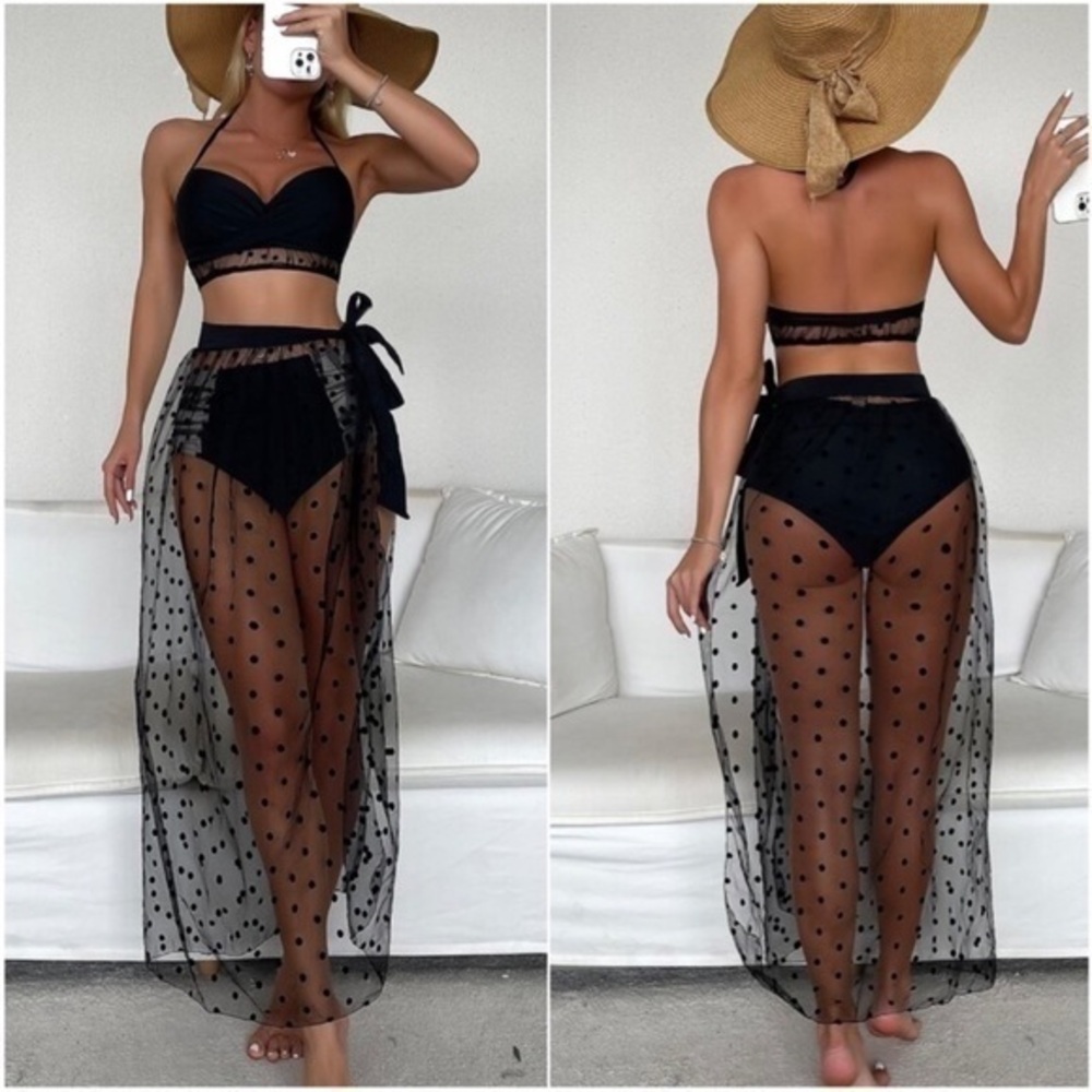 SHEIN | 3 Piece Polka Dot Swimsuit Contrast Mesh Push Up Bikini & Beach Skirt